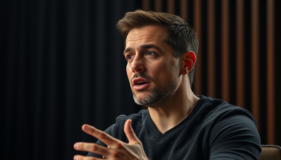 Confident man in studio, intense expression, cinematic atmosphere.