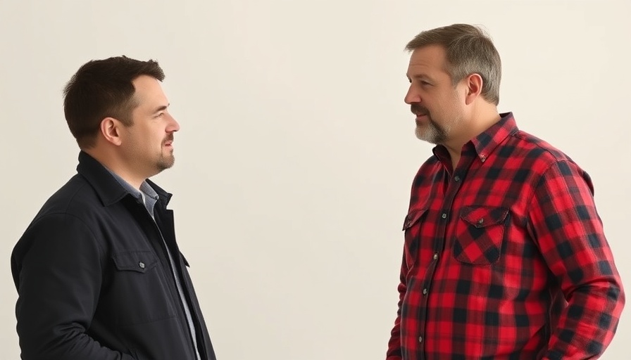 Two men in discussion indoors, one in black jacket, other in red plaid.