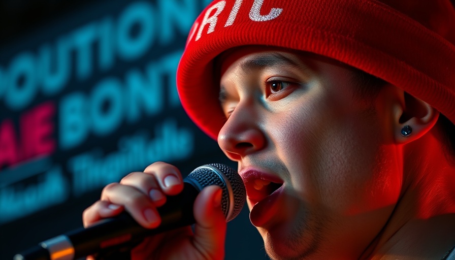 Person speaking with a red hat, intense expression, digital background.