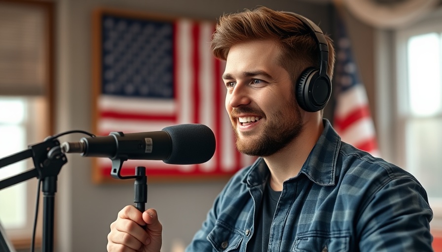 Confident podcaster discussing movie tariffs in studio setting.