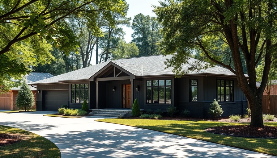 Modern dark-colored house in Atlanta real estate setting, lush trees.