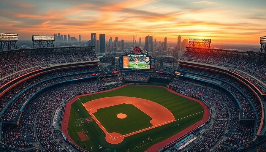 Atlanta baseball stadium with skyline, vibrant and energetic.
