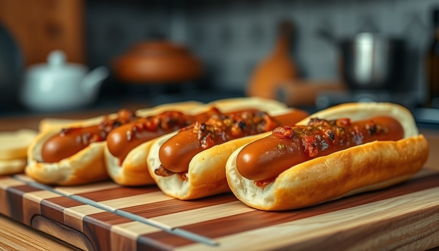 Close-up of cooked hot dogs on a cutting board.