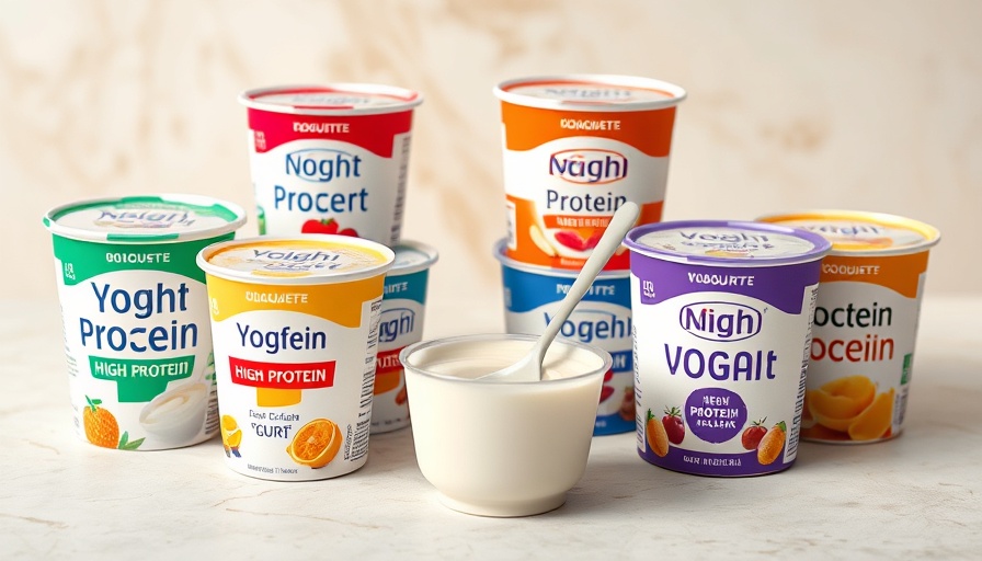 Assorted high-protein yogurt containers with an open cup and spoon.