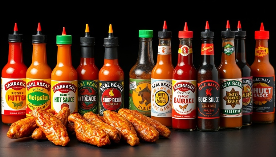 Variety of hot sauce bottles and wings with Hot Ones box.