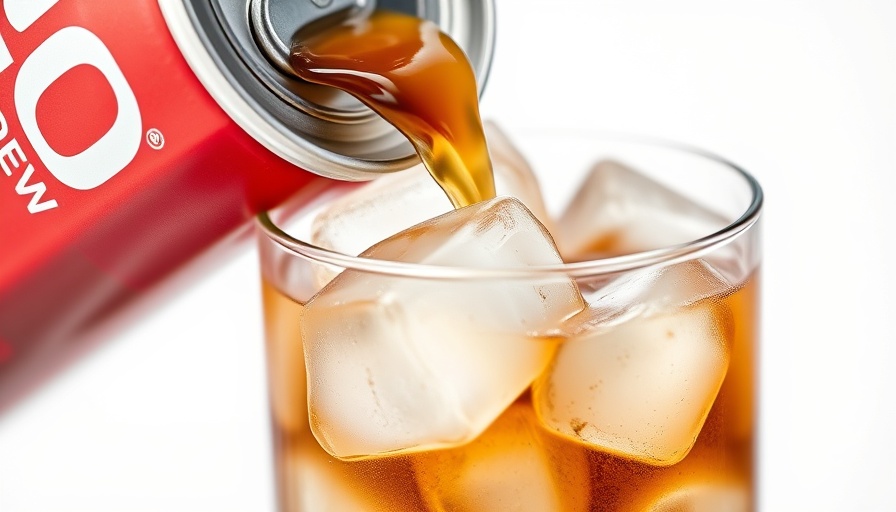 Canned cold brew being poured into a glass with ice.