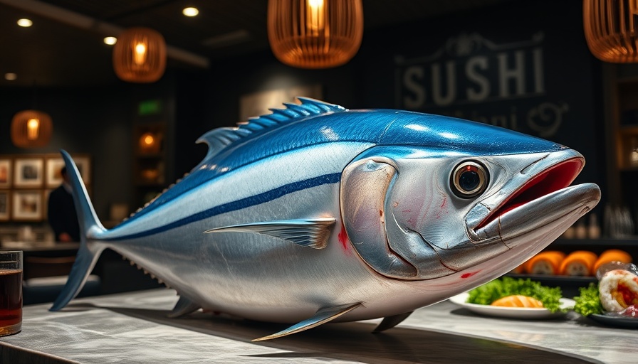Large bluefin tuna on display in sushi restaurant, Atlanta.