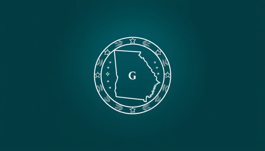 Stylized Georgia emblem representing healthcare legislation, dark teal.