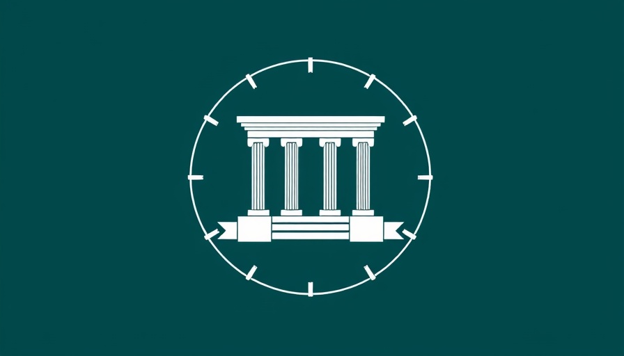 Minimalistic emblem with pillars and banners on dark teal