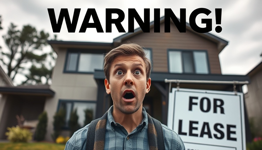 Shocked person in front of home with 'For Lease' sign, avoiding rental scams.