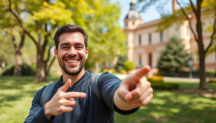Smiling man in park pointing at historic buildings, moving to Atlanta.