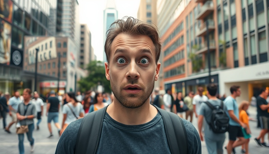 Surprised man with urban Atlanta neighborhoods backdrop.