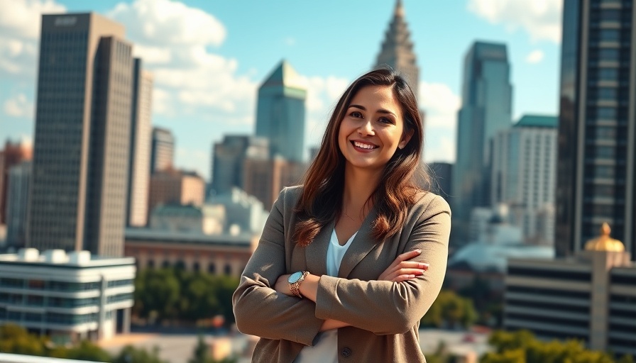 Smiling woman debunking myths, moving to Atlanta skyline background