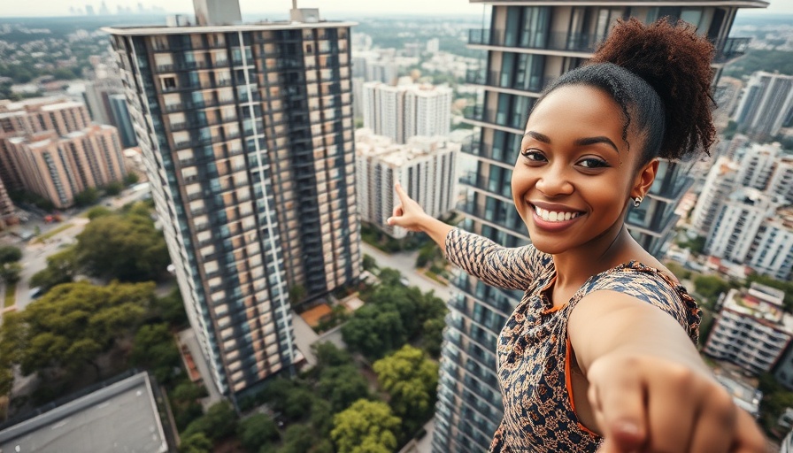 Gallery condo Buckhead aerial view with woman pointing.