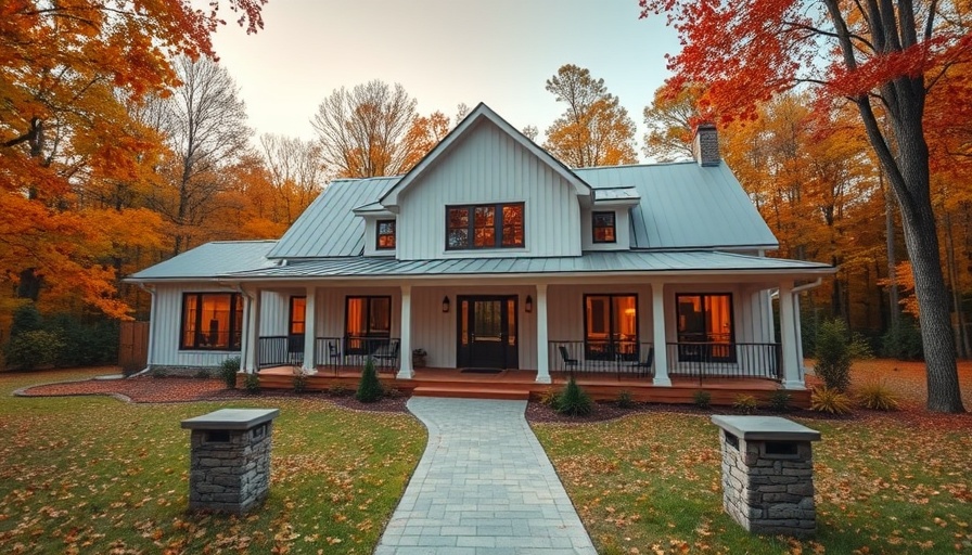 Modern farmhouse in Tyrone GA, surrounded by trees in autumn.