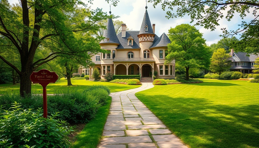 Unique castle-like home in Tyrone GA with lush surroundings.