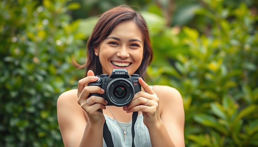 Joyful woman with camera in lush garden, Atlanta influences everything.