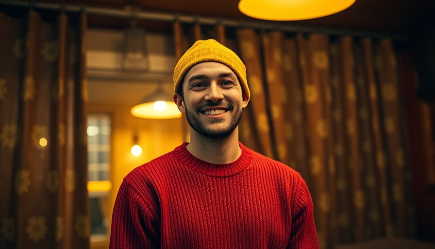 Casual man in a red sweater smiling indoors, Atlanta culture vibe.