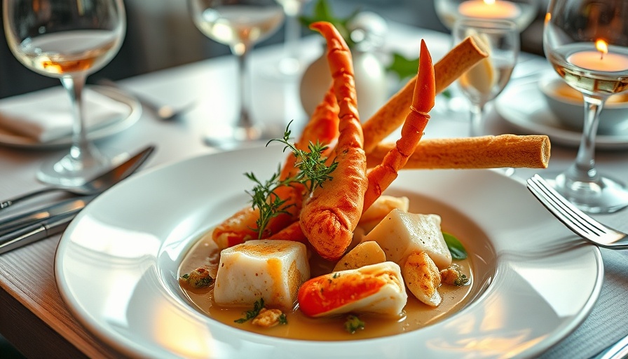 Elegant seafood dish in cioppino sauce on decorated plate.