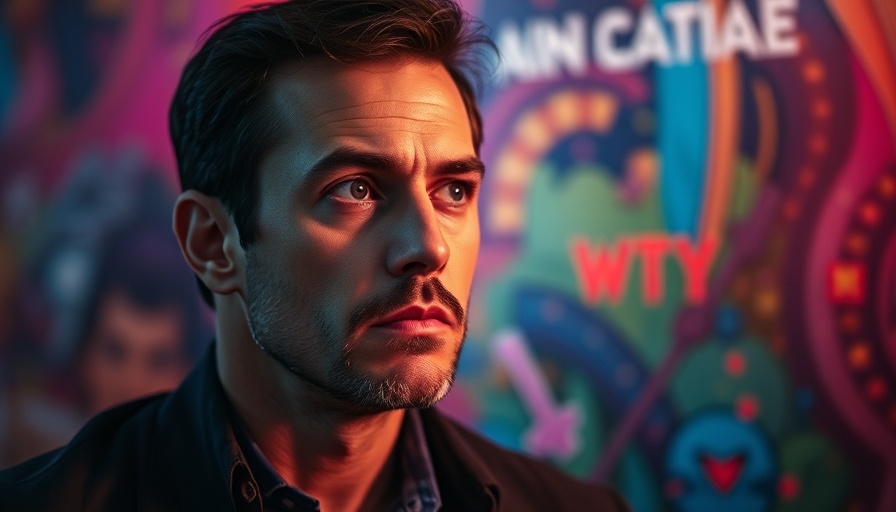 Thoughtful man in a colorful, abstract setting depicting Atlanta culture.