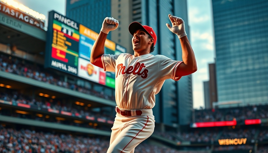Dynamic Atlanta baseball player celebrating a win in stadium, scoreboard backdrop.