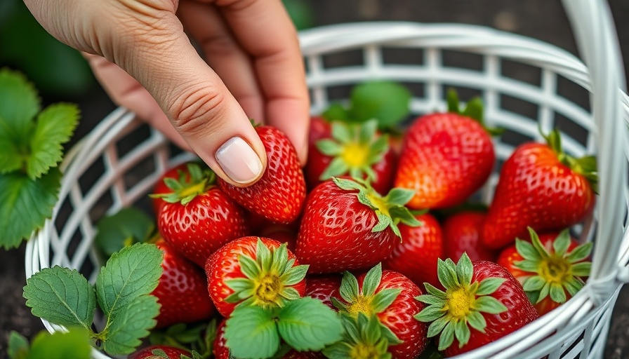Strawberry picking in Atlanta, hand placing strawberries in a basket.