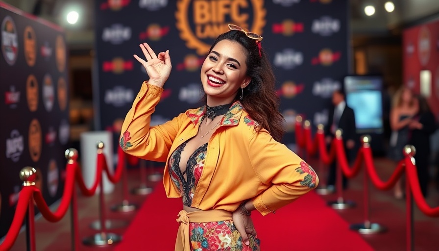 Woman attending a court show in Atlanta, vibrant outfit on red carpet.