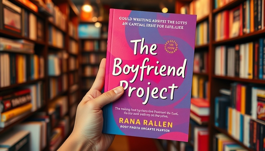 Close-up of 'The Boyfriend Project' book at All the Tropes Romance Bookstore Atlanta.