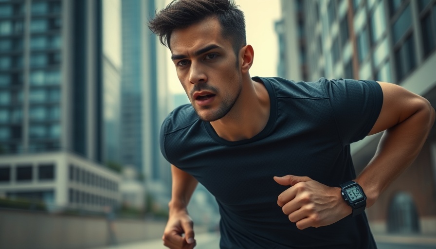 Determined man jogging in urban setting, capturing intense focus.