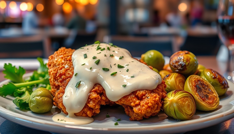 Plate of crispy fried chicken at top Atlanta restaurant, vibrant lighting.