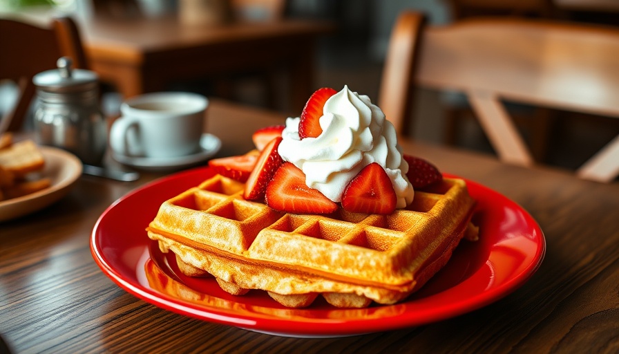 Family breakfast in Atlanta with delicious waffle and strawberries.