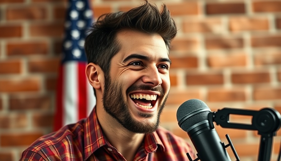 Person speaking at a podcast studio with a backdrop.