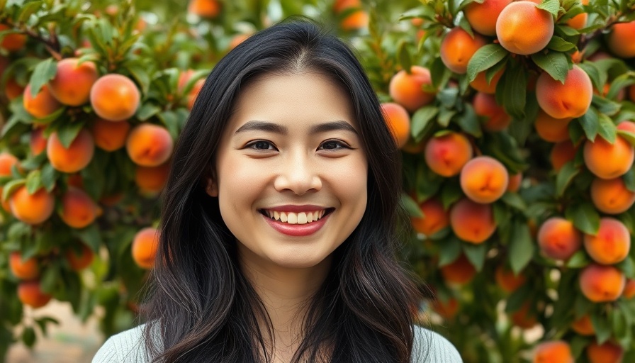 Informational image about Georgia peach identity featuring smiling woman and peaches.