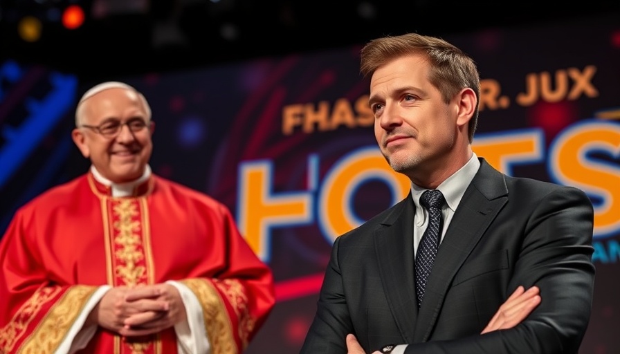 Pensive presenter with smiling pope in vestments on modern show stage.