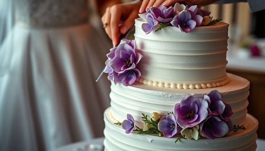 Elegant wedding cake with floral decorations, hands cutting.