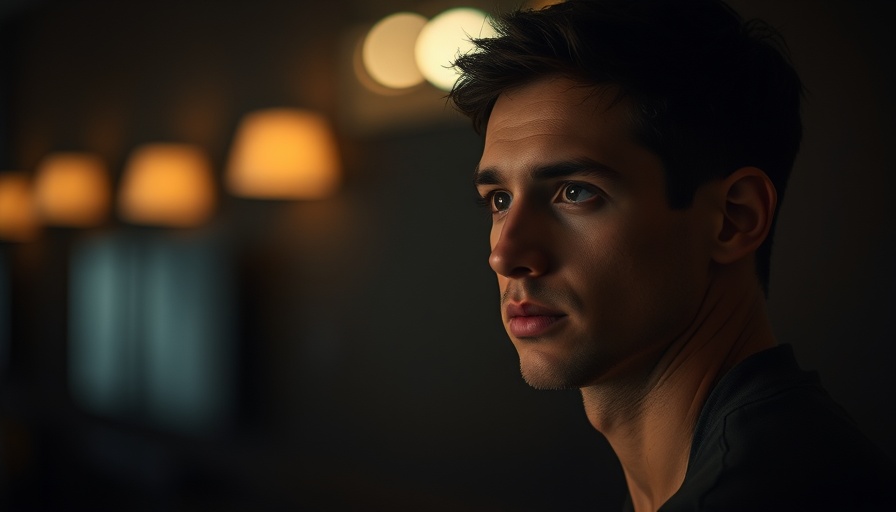 Young man with contemplative expression, dark background.