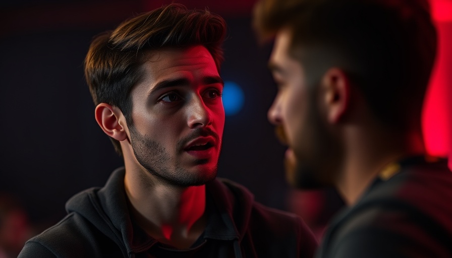 Young man discussing politics in cinematic setting.