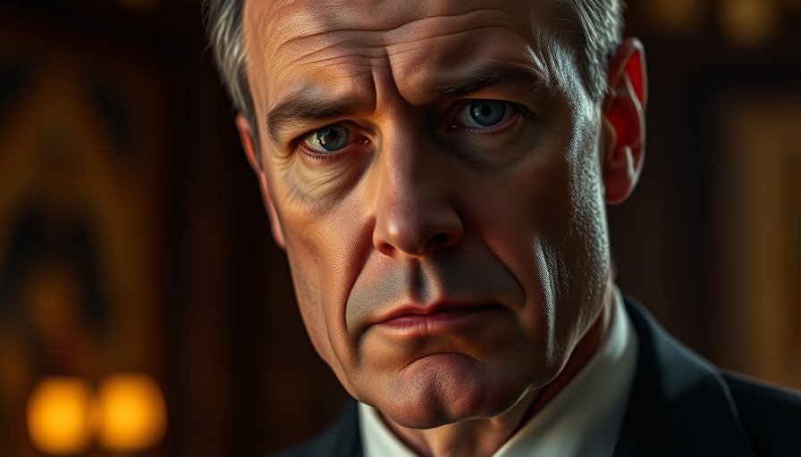 Close-up portrait of a man in a dark suit with a serious expression.