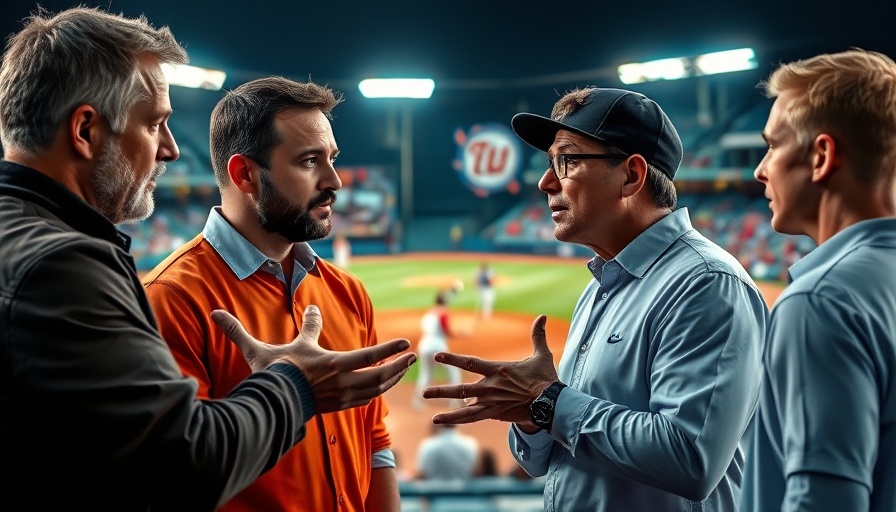 Men discussing women's sports, expressive debate scene.