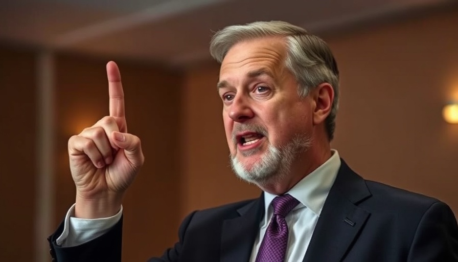 Man in dark suit speaking passionately with finger raised in a studio.