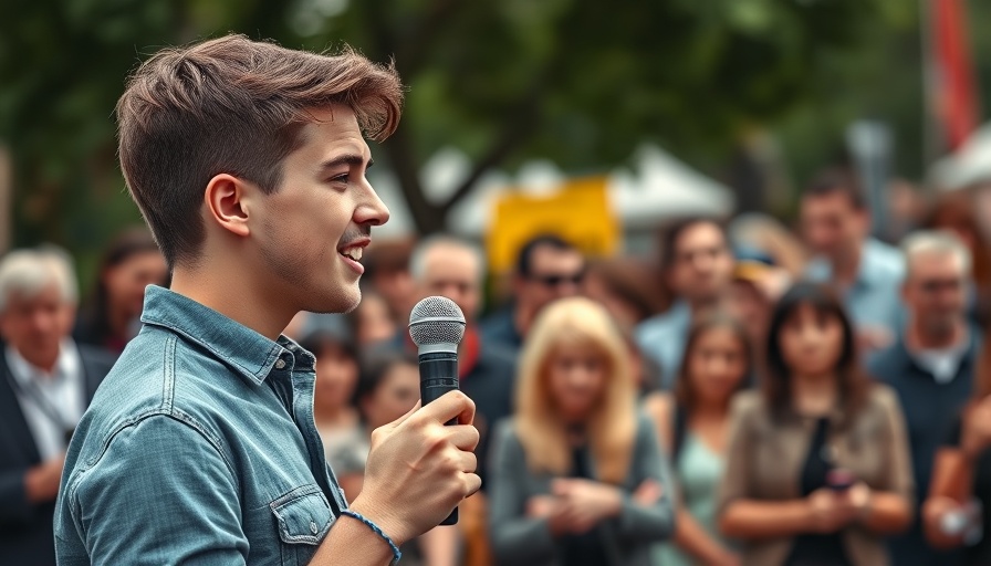 Young man at an outdoor event addressing a crowd with a microphone, capturing public engagement, depicting resilience.