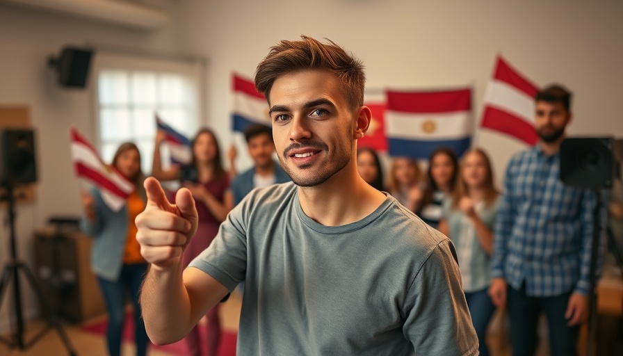 Young man commenting, families with flags in background, studio setting.