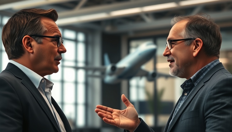 Expressive conversation with airplane background in office setting.