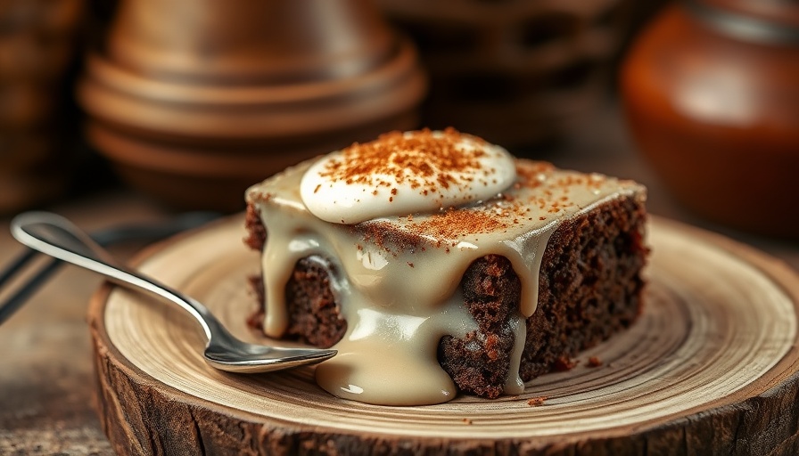 Rich chocolate tres leches cake on wooden plate.