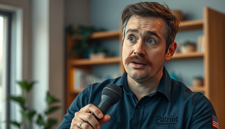 Casual man in 'Patriot' shirt speaking into microphone.