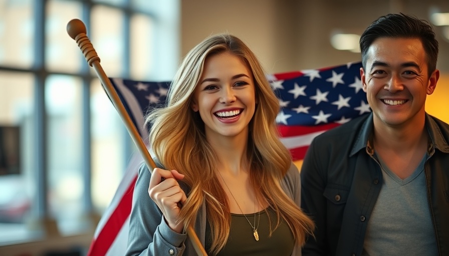 Trump asylum grant white refugees, smiling man and woman with a flag.
