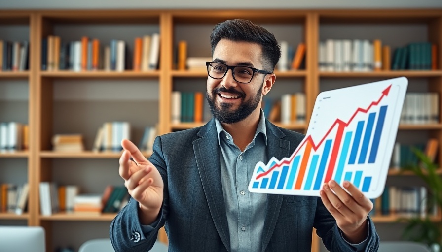 Man discussing economic trends with upward graph.