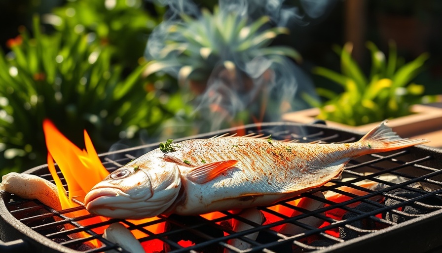 Whole fish grilling over open flames in outdoor setting