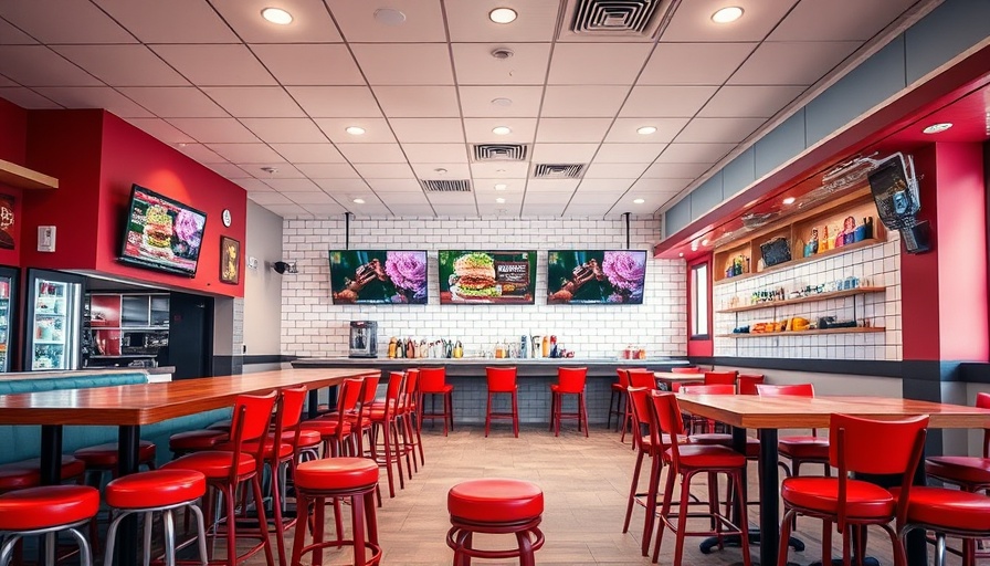 NFA Burger Alpharetta interior with red stools and TVs at a sleek counter.