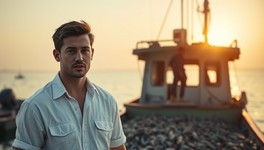 Young man questions ethical shrimp industry sourcing, informative setting.